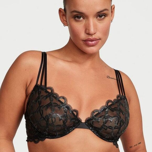 34DD {Victoria's Secret} Black Hearts Unlined Demi Bra - Picture 4 of 7